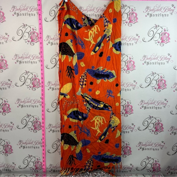 Accessories - Scarf wrap fish Vibrant Orange Rayon Tapestry with Yellow & Blue Fish Print